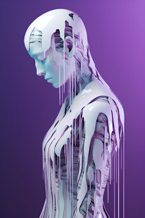 3D render of a female figure with a frozen brain on a purple backgroundの素材