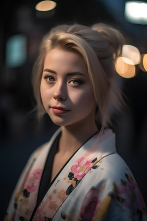 Portrait of a beautiful girl in a kimono at nightの素材