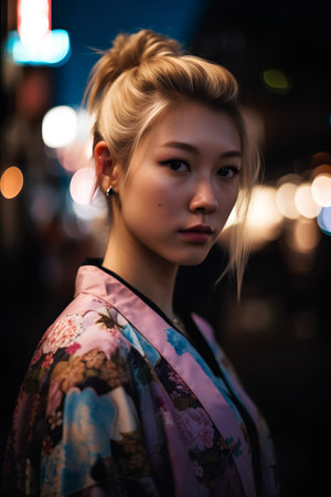Portrait of a beautiful girl in a kimono at nightの素材