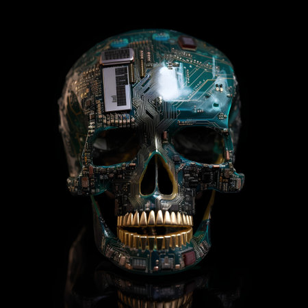 Human skull with circuit board on black background. 3d illustration.の素材