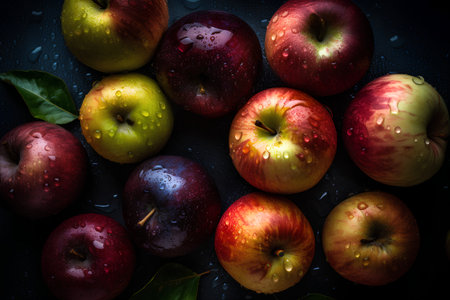Ripe red and yellow apples with water drops on black background.の素材