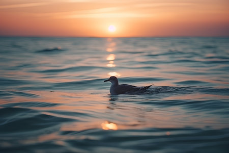 A seagull swimming in the sea on a background of the sunsetの素材