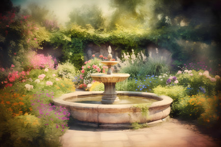Fountain in the garden. Watercolor painting. Digital painting.の素材