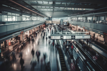 Interior of a modern airport terminal with motion blurred people, tonedの素材