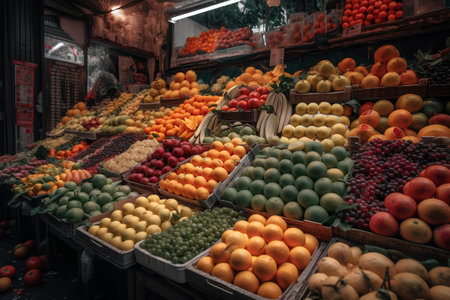 Fruits and vegetables on a market stall in Istanbul, Turkey.の素材