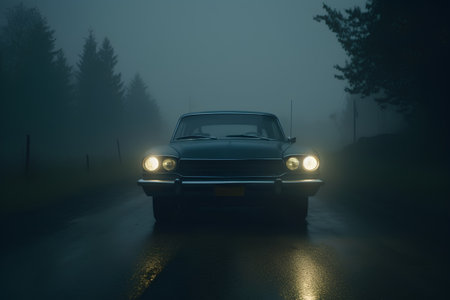 Old car on a foggy road at night, 3d renderの素材