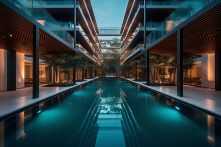 3D render of a swimming pool in a modern hotel at nightの素材