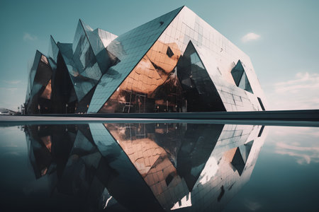 Modern building reflecting in water. Architectural background. 3d renderingの素材
