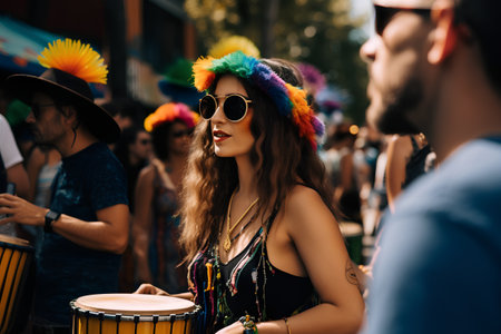 Beautiful young woman in colorful wig playing the drums with her friendsの素材