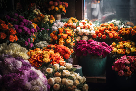Colorful bouquets of flowers for sale at the flower marketの素材