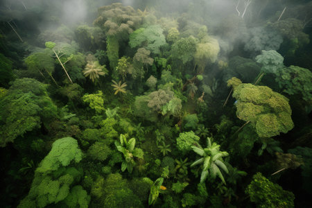 Aerial view of a tropical rainforest with coconut trees and fogの素材