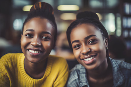 Portrait of two african american businesswomen smiling in officeの素材