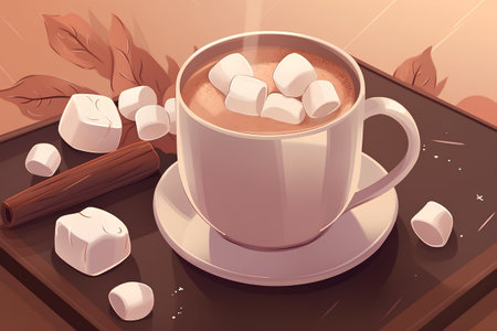 Cup of hot cocoa with marshmallows on the table.の素材