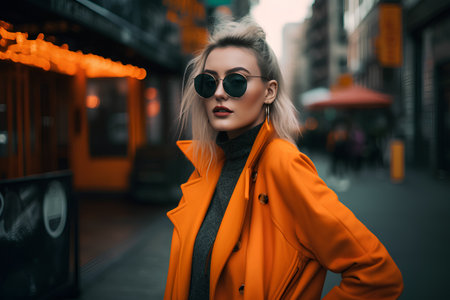Fashionable young woman in orange coat and sunglasses on the street.の素材