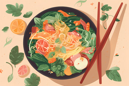 Noodles with shrimp and vegetables in bowl. Vector illustration.の素材