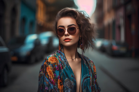 Portrait of a beautiful young brunette woman in sunglasses and colorful shawl on the city street.の素材