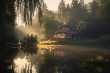 Wooden house on the bank of the lake in the morning fogの素材