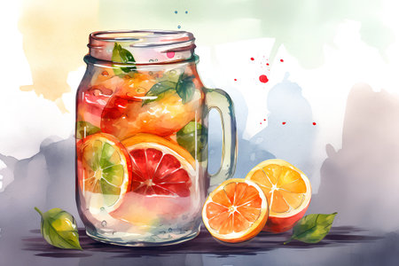 Watercolor illustration of lemonade in a glass jar with slices of orange, grapefruit and mint.の素材