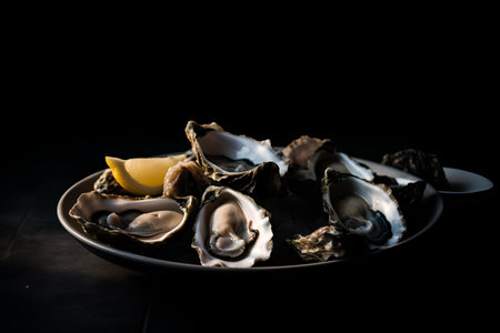 Fresh oysters on a plate with lemon and ice on a black backgroundの素材