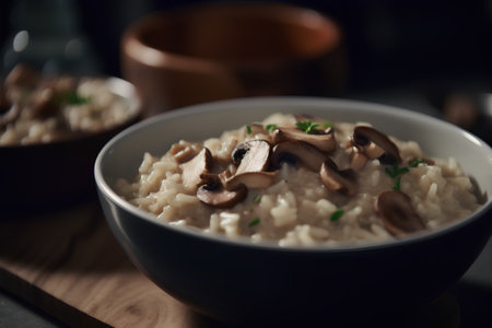 Risotto with champignons and parsley in a bowlの素材