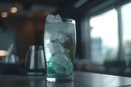 Glass of cold refreshing drink with ice cubes on wooden table in barの素材