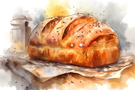 Watercolor illustration of a freshly baked loaf of bread with poppy seedsの素材