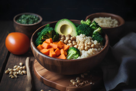 Healthy vegan lunch bowl with quinoa, broccoli, chickpea, carrot, avocado and riceの素材
