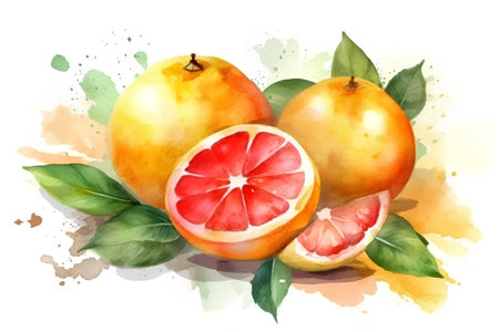 Watercolor illustration of grapefruits with leaves and watercolor splashesの素材