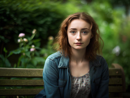 Portrait of a sad young woman sitting on a bench in the parkの素材