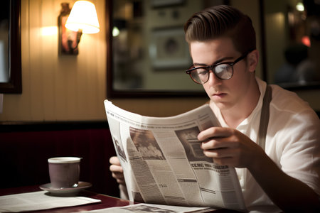 Young man reading a newspaper in a cafe. Men's fashion.の素材