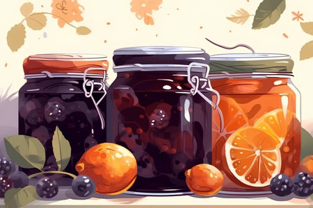 Jars of homemade jam with fruits and leaves. Vector illustration.の素材