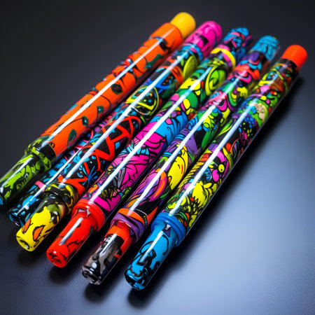 colorful felt-tip pens on a black background close-upの素材