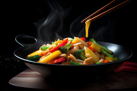 stir-fried vegetables in a black bowl on a black backgroundの素材