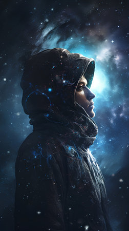 Surreal portrait of a woman in spacesuit against space background.の素材