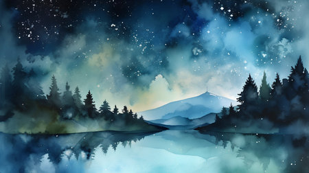 Night landscape with a lake and mountains. Watercolor painting illustration.の素材