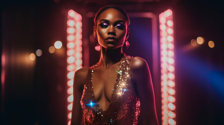 Portrait of beautiful african american woman in shiny evening dress.の素材