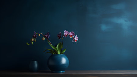 Orchid flowers in vase on wooden table against dark blue wallの素材