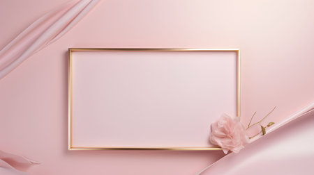 Golden frame with pink ribbon and rose on pink background. 3d renderingの素材