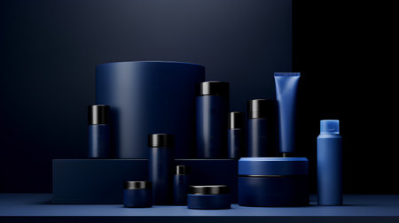 Cosmetic containers on dark blue background. 3d rendering illustration.の素材