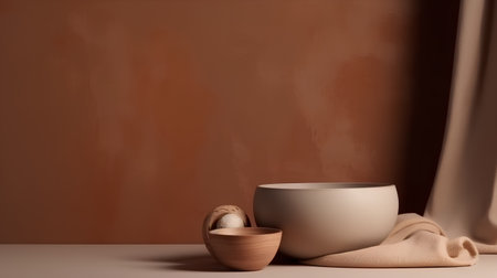 Ceramic vase and wooden bowl on the table near the brown wallの素材