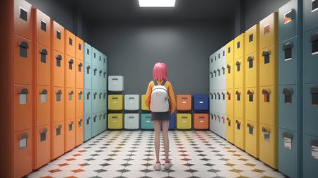 3d render of a school hallway with lockers and a girlの素材