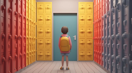 Back view of a girl standing in front of a door with lockersの素材