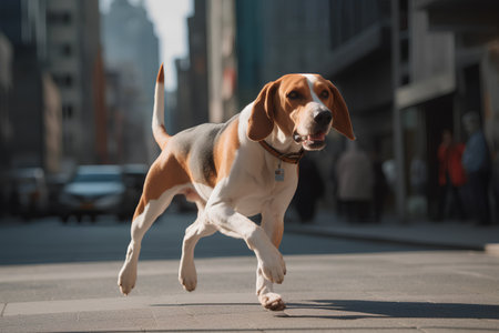 Beagle dog running in the city. Beagle is a breed of hound.の素材