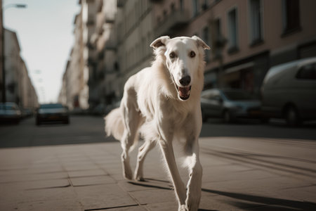 Portrait of a white dog on the street in the city.の素材
