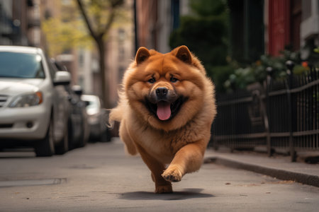 Chow-chow dog running on the street. Shallow depth of fieldの素材