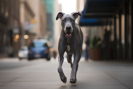 Pit bull dog running in the city. Selective focus.の素材