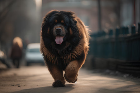Tibetan Mastiff walking on the street in the eveningの素材