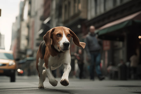 Beagle dog running on a city street. Selective focus.の素材