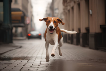 Portrait of a cute dog running in the city street. Beagle.の素材
