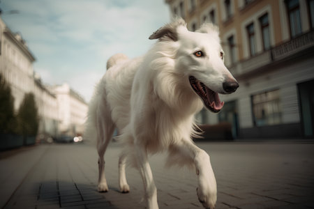 White Swiss Shepherd dog in the city. Selective focus. Toned.の素材